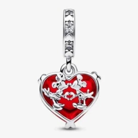 Pandora Disney Mickey & Minnie Mouse Kiss Red Murano Glass Dangle Charm - Picture 1 of 3